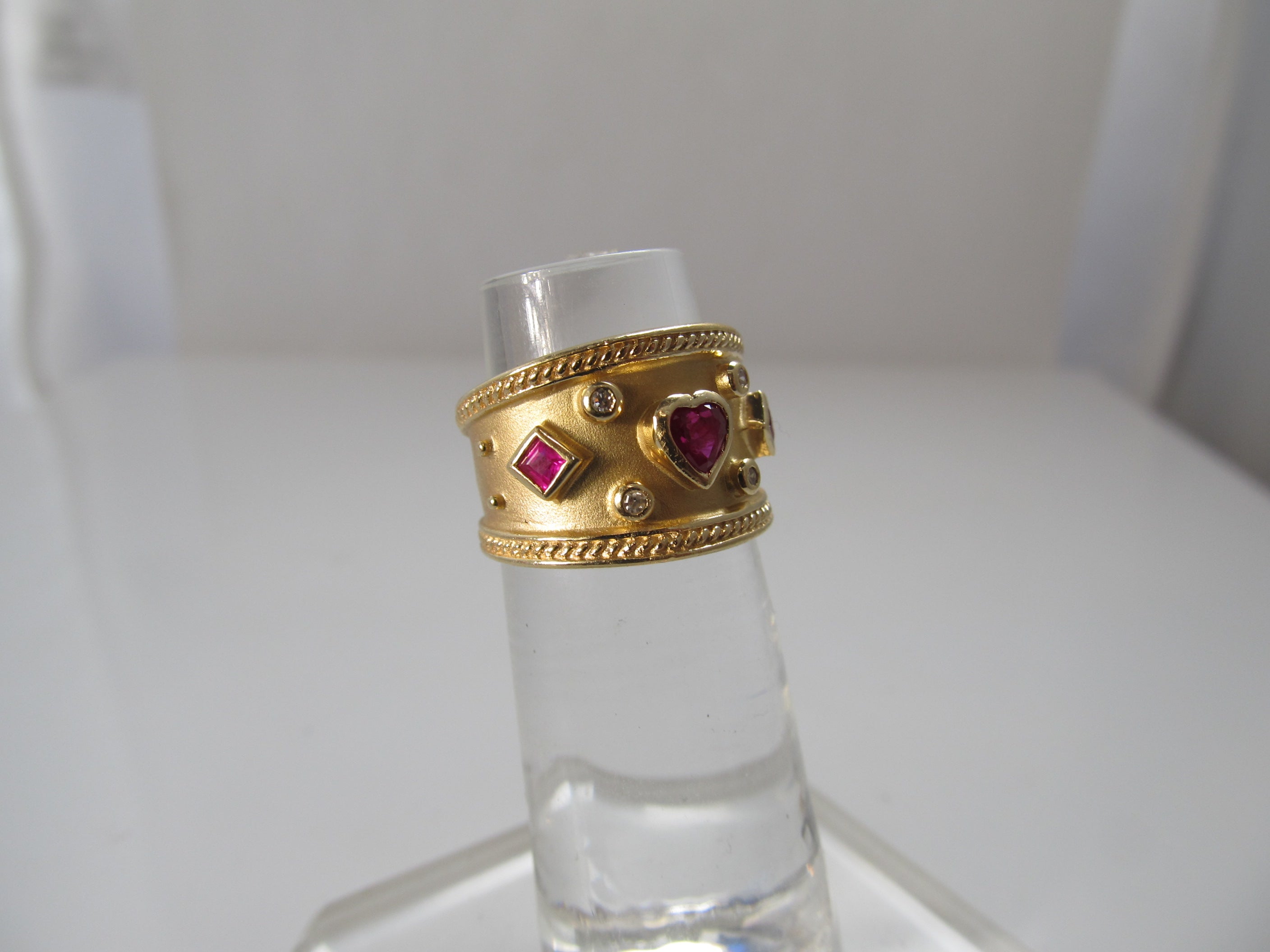 Wide 14k yellow gold cigar band ring, ruby and diamond