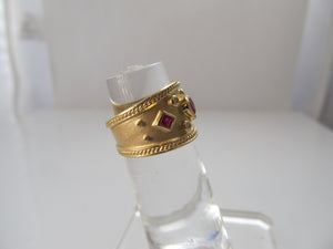 Wide 14k yellow gold cigar band ring, ruby and diamond