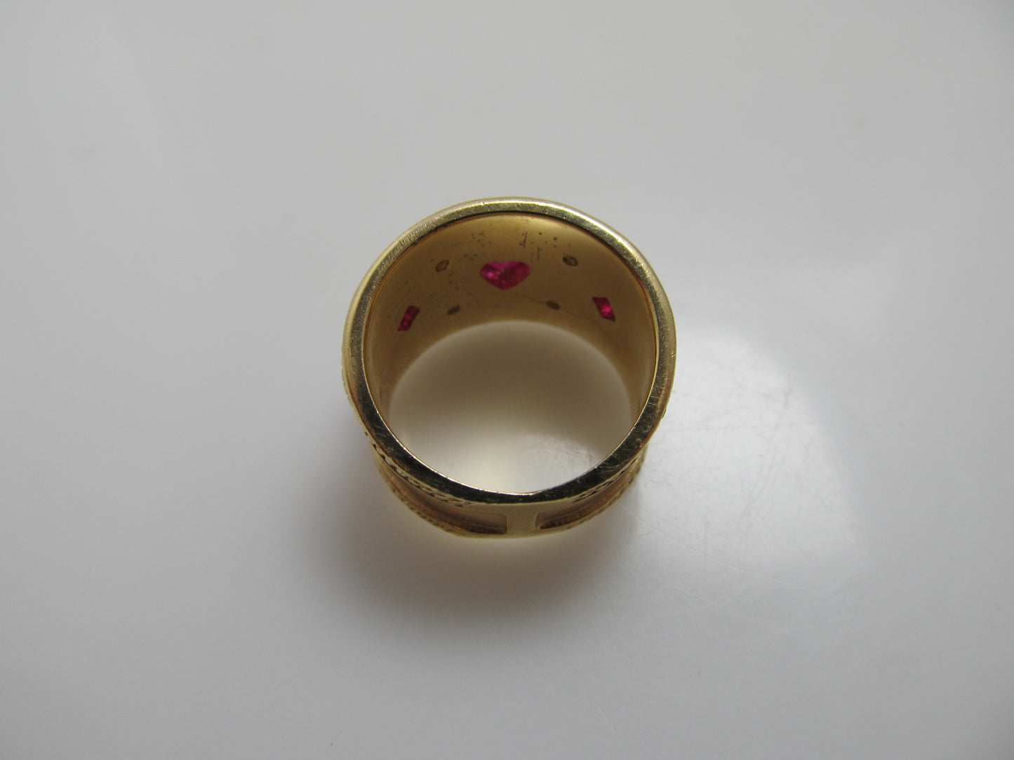 Wide 14k yellow gold cigar band ring, ruby and diamond