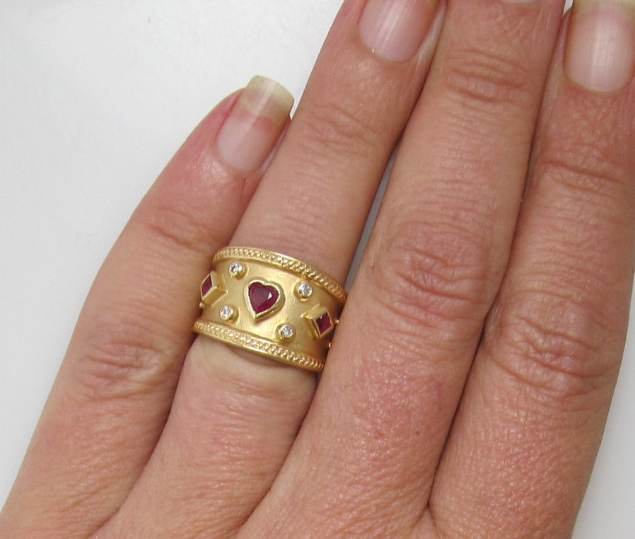 Wide 14k yellow gold cigar band ring, ruby and diamond