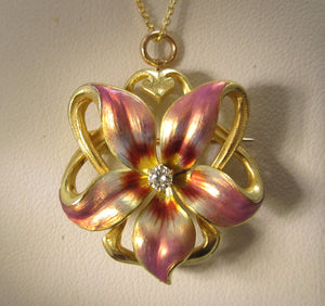 Art Nouveau enamel flower necklace, 14k yellow gold