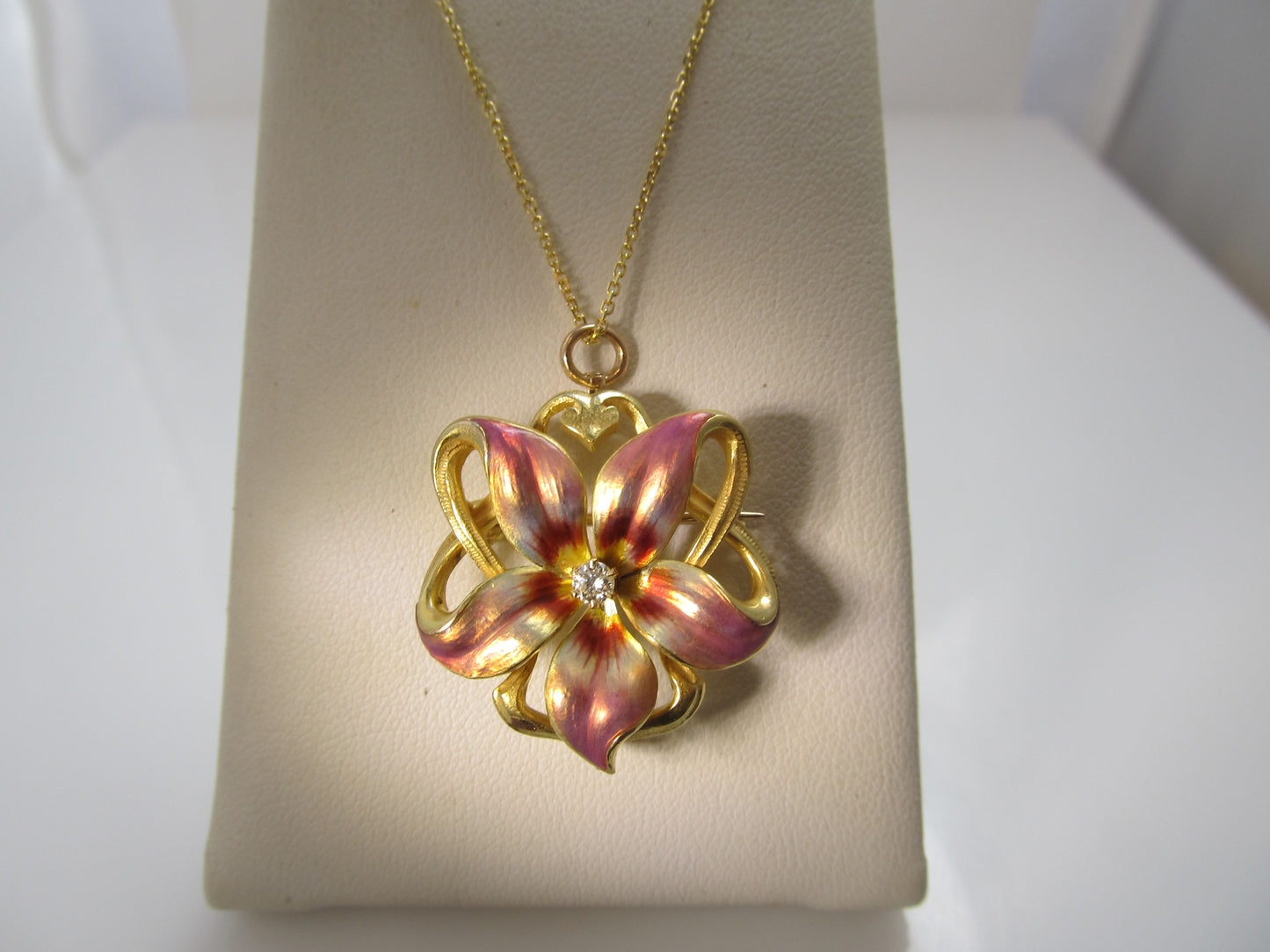 Art Nouveau enamel flower necklace, 14k yellow gold