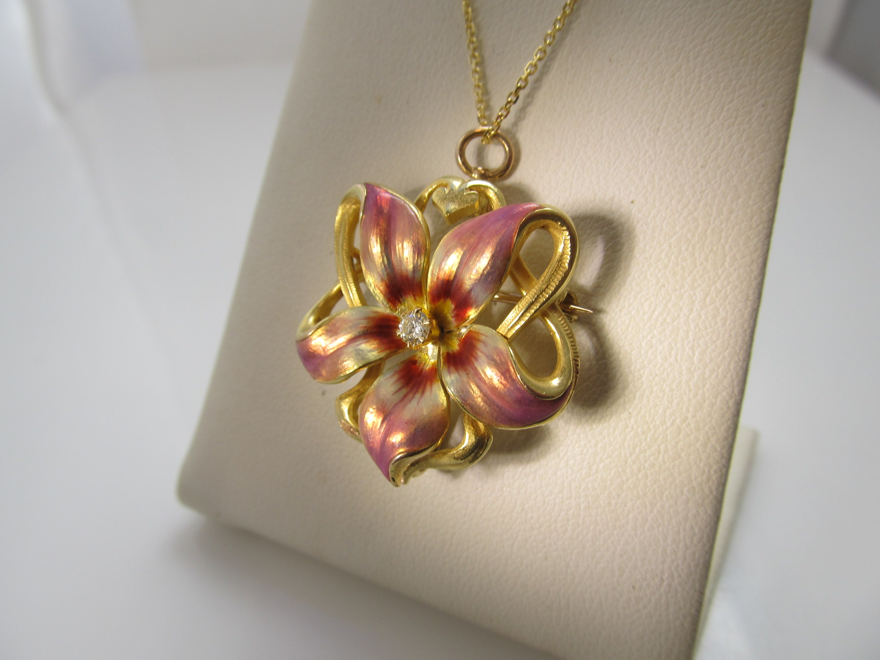 Art Nouveau enamel flower necklace, 14k yellow gold