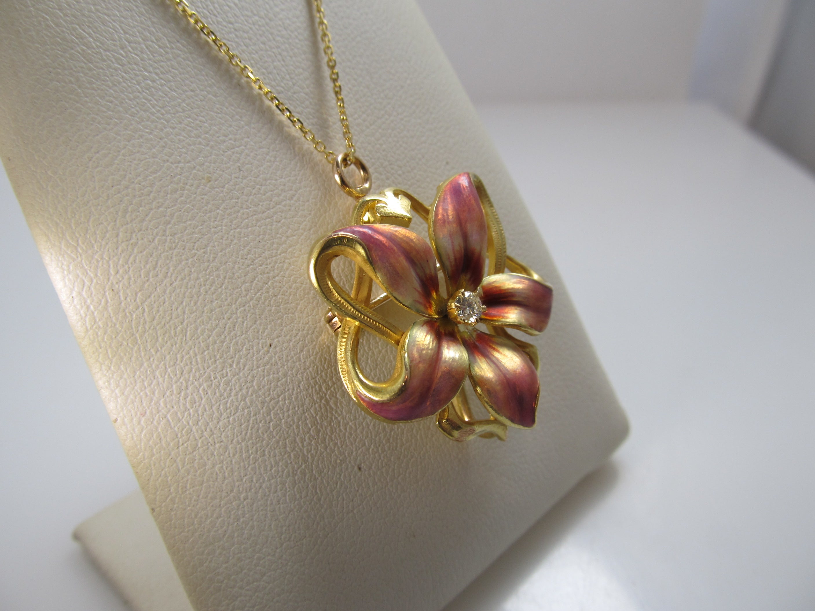 Art Nouveau enamel flower necklace, 14k yellow gold