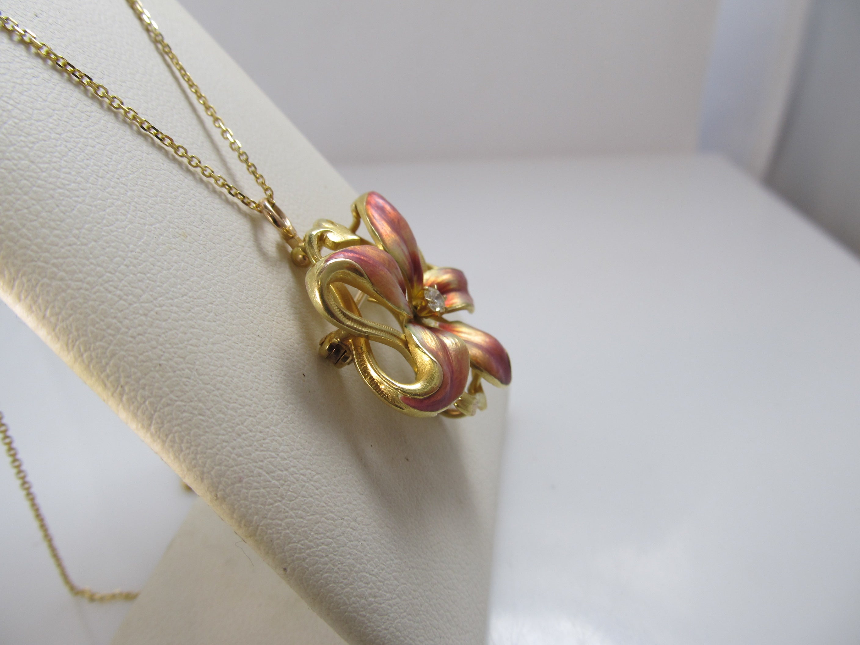 Art Nouveau enamel flower necklace, 14k yellow gold