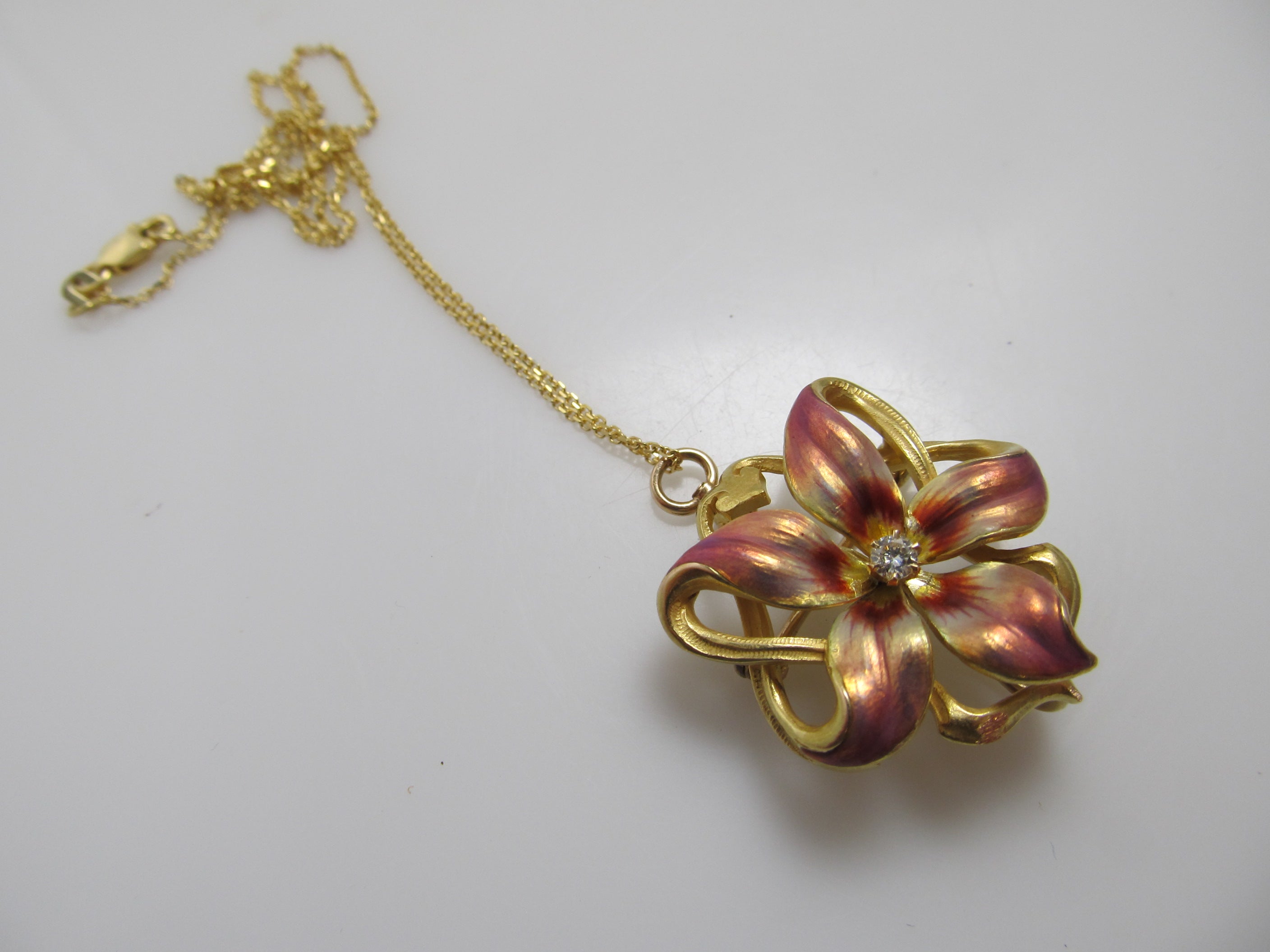 Art Nouveau enamel flower necklace, 14k yellow gold