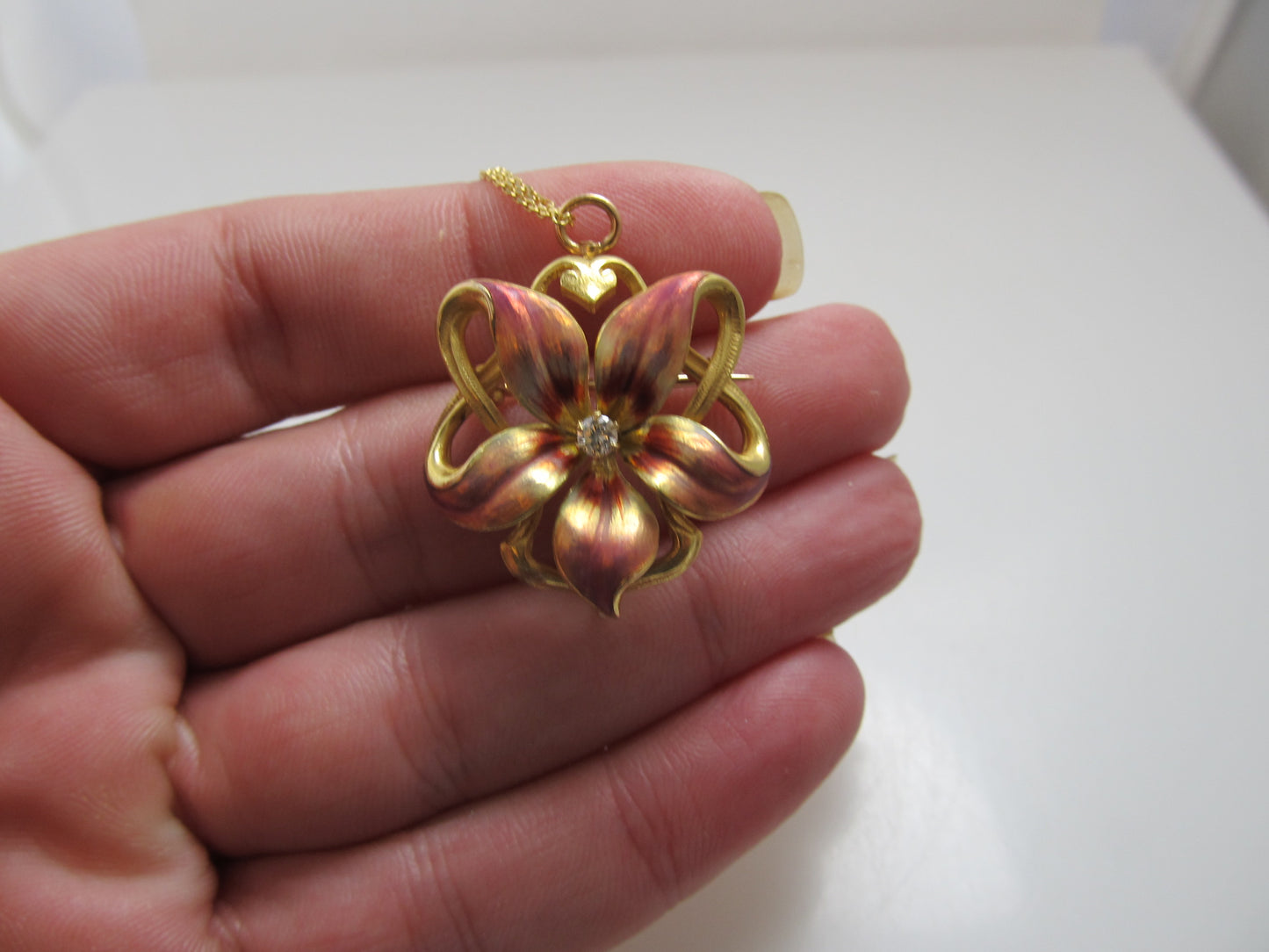 Art Nouveau enamel flower necklace, 14k yellow gold