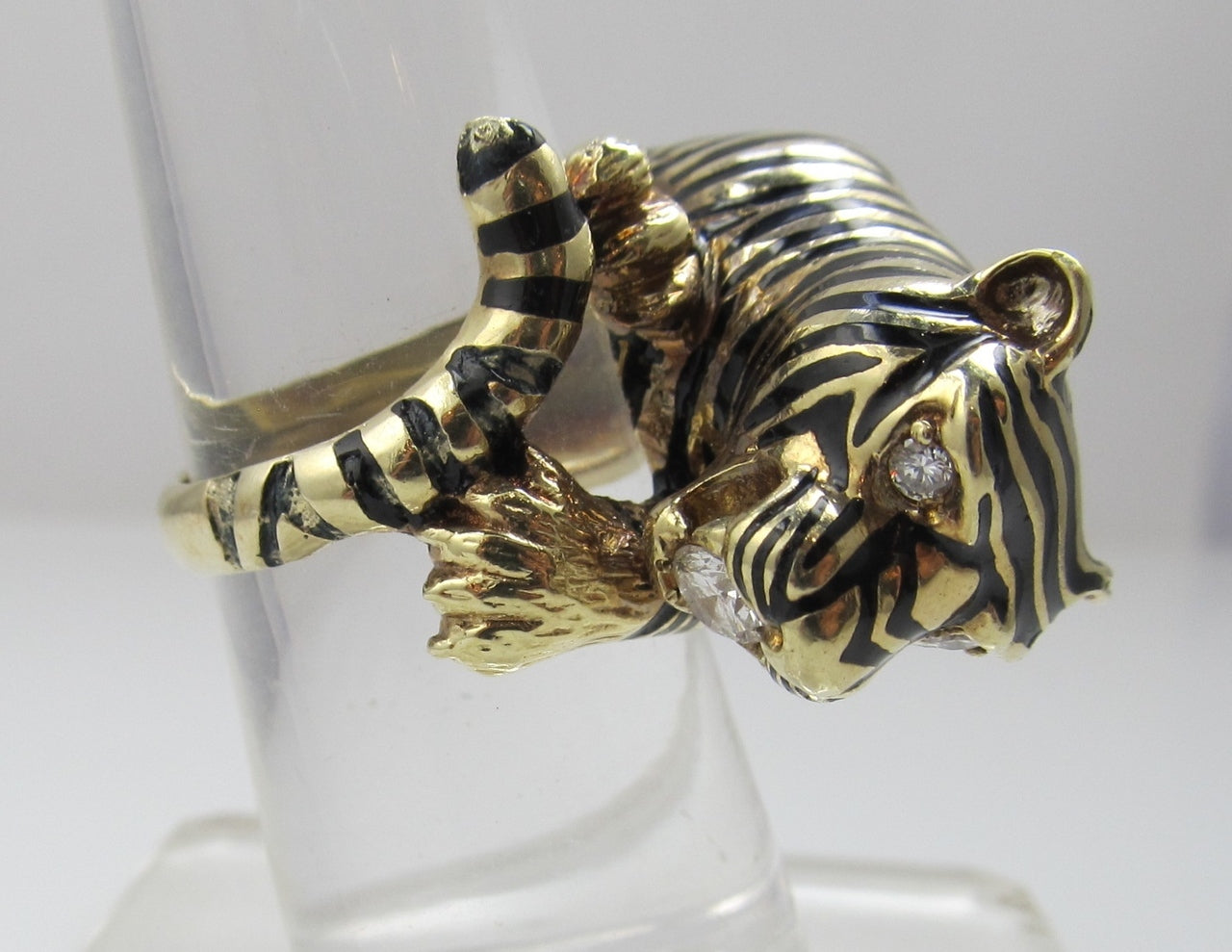 Vintage 14k Gold Enamel Tiger Ring With Diamond Eyes And A .20ct Diamond In It's Mouth