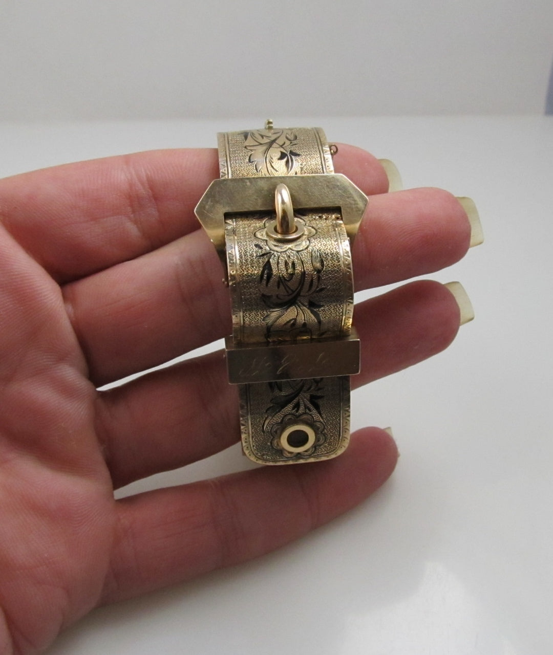 Victorian 14k Gold Buckle Bangle Bracelet With Enamel, Circa 1890