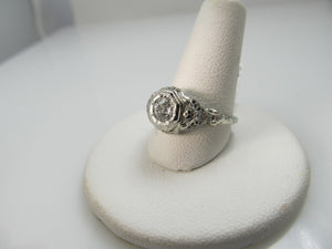 18k White Gold Filigree Ring With A .43ct Diamond, Vs2, H-i. Circa 1920