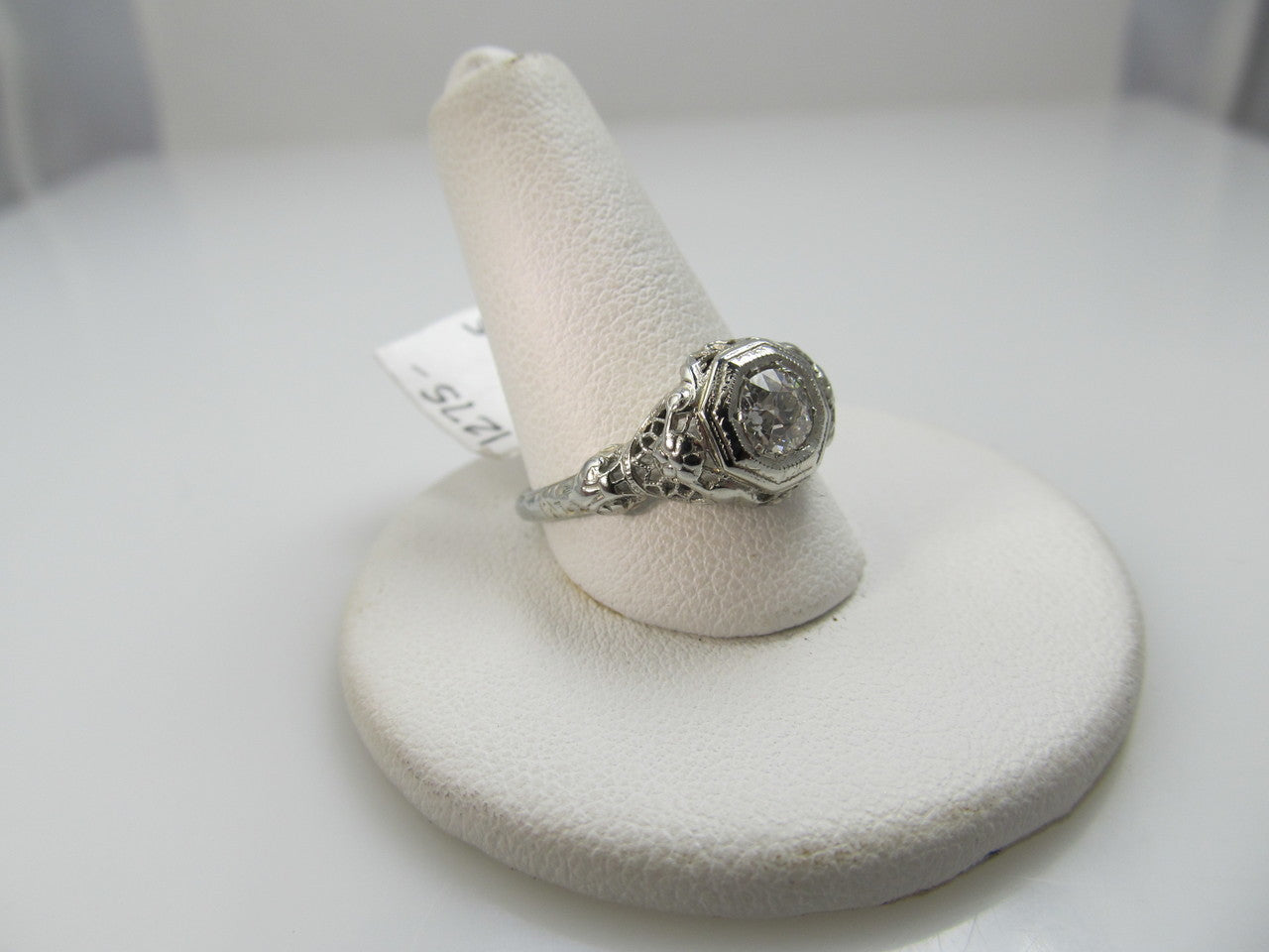 18k White Gold Filigree Ring With A .43ct Diamond, Vs2, H-i. Circa 1920