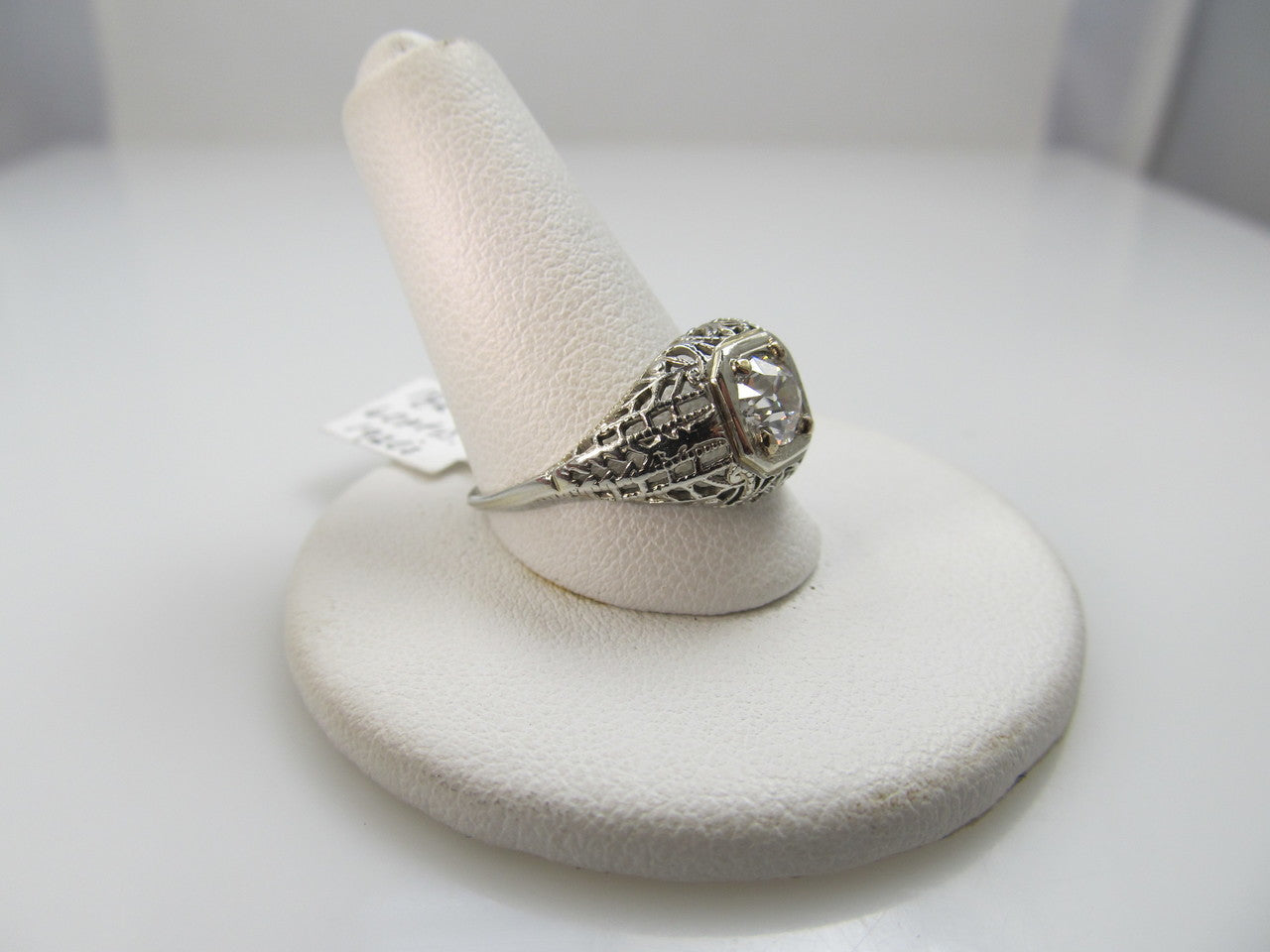 18k White Gold Filigree Ring With A .60ct Oec Diamond, Si1 F-g. Circa 1920.