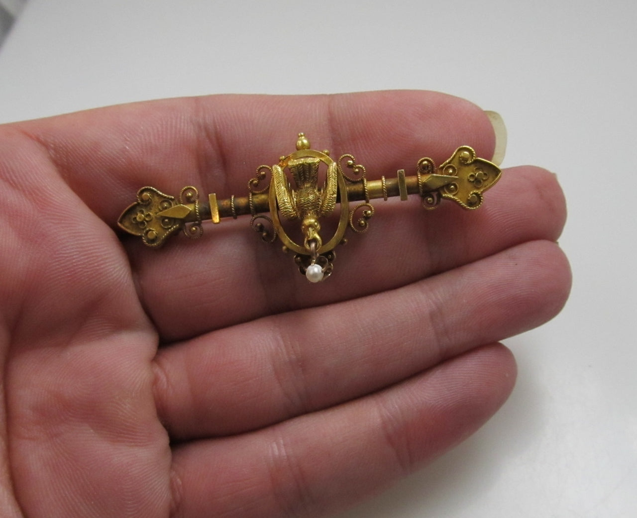 Etruscan revival 14k gold bird pin, circa 1890