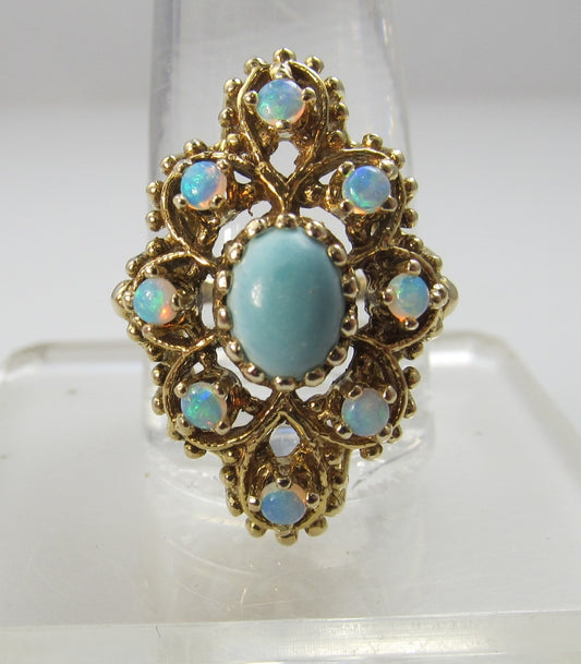 Vintage 14k Gold Ring With Opals And Turquoise