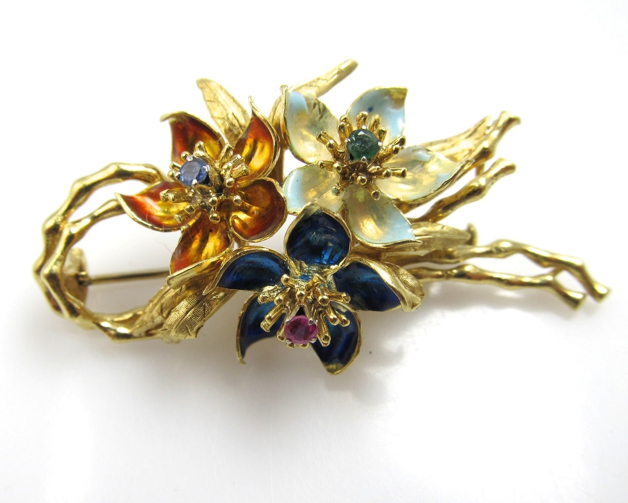 Vintage 18k Gold Enamel Flower Pin With A Ruby, Sapphire And Emerald.