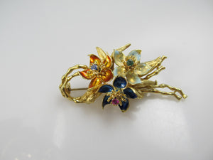 Vintage 18k Gold Enamel Flower Pin With A Ruby, Sapphire And Emerald.