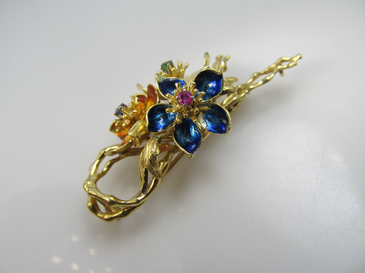 Vintage 18k Gold Enamel Flower Pin With A Ruby, Sapphire And Emerald.