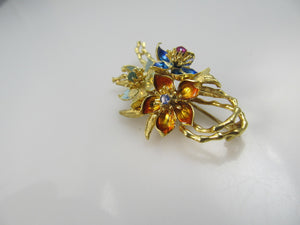 Vintage 18k Gold Enamel Flower Pin With A Ruby, Sapphire And Emerald.