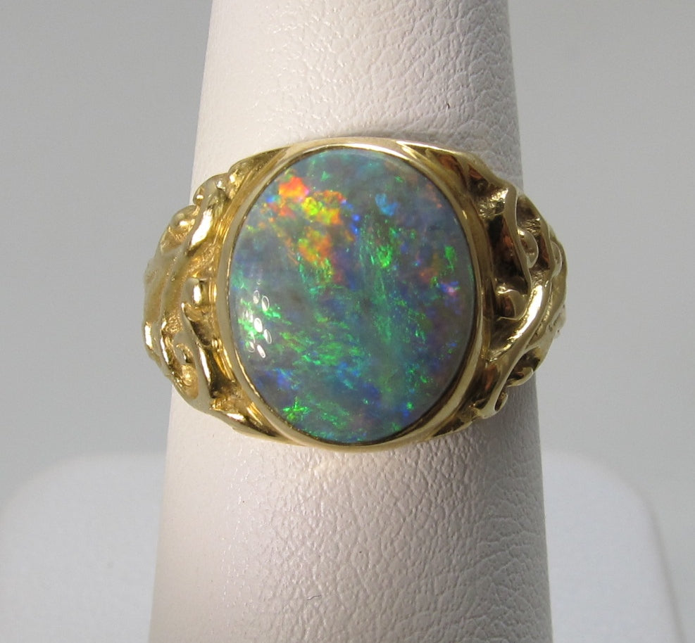 Antique 18k yellow gold black opal ring
