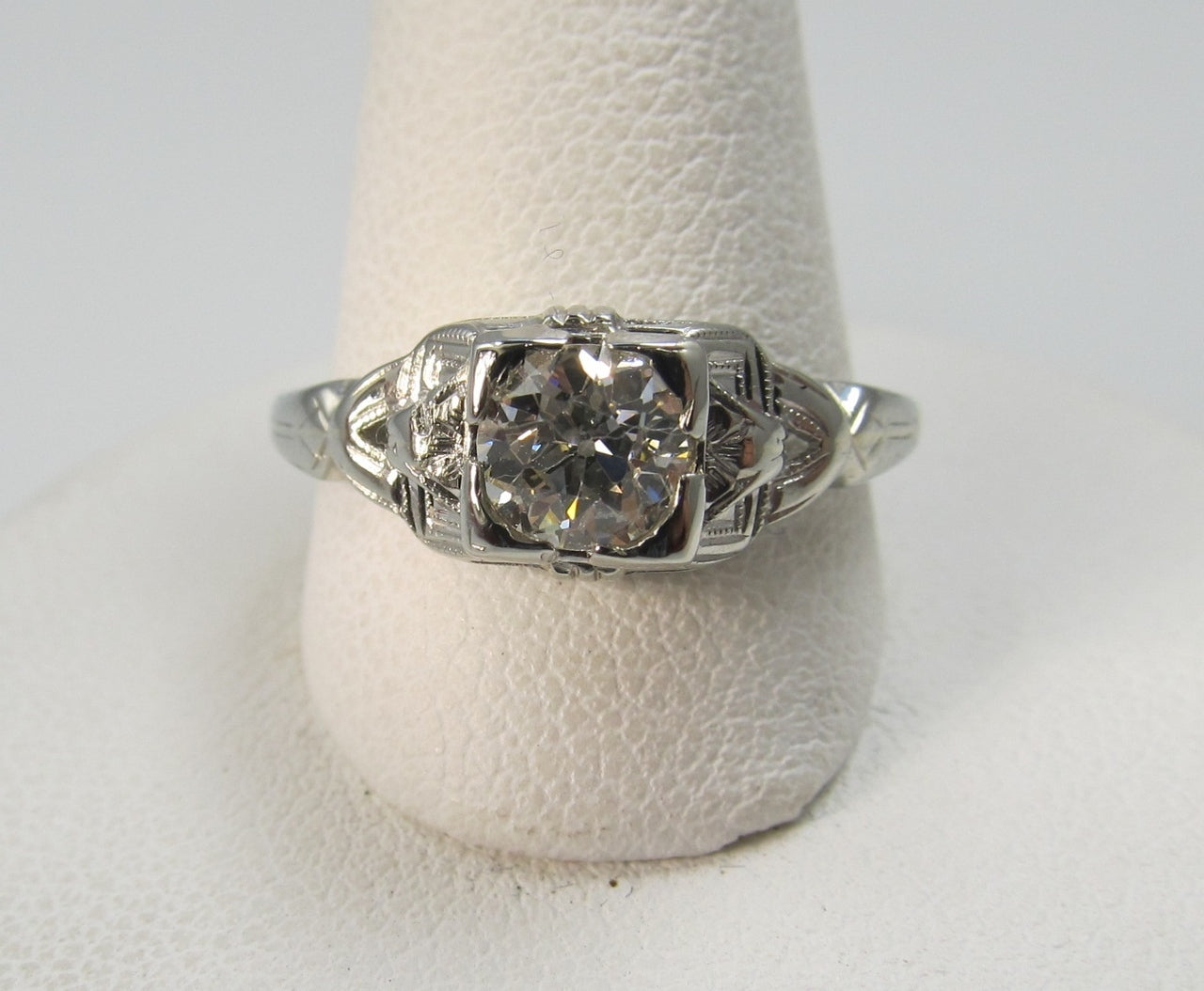 Vintage 18k White Gold Filigree Ring With A .60ct Diamond, Circa 1920