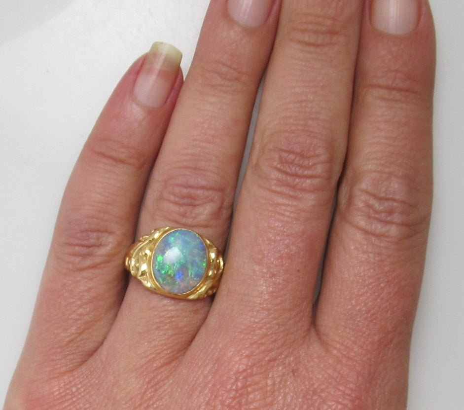 Antique 18k yellow gold black opal ring