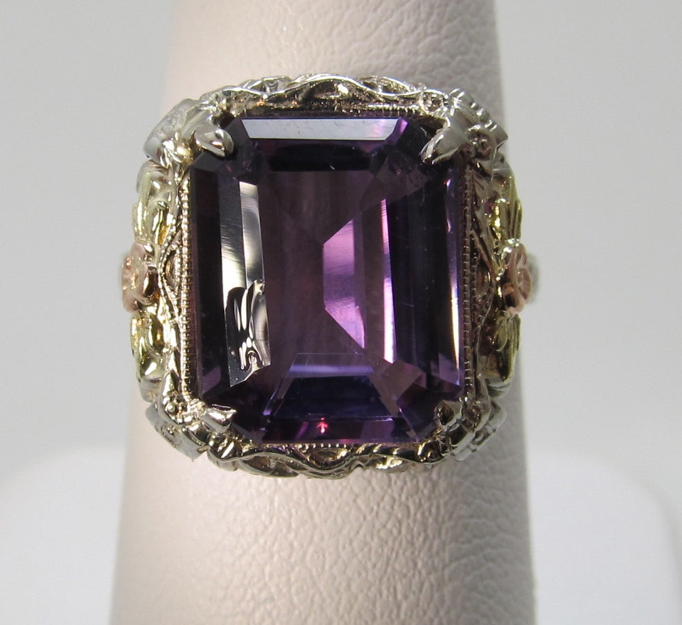 Vintage amethyst ring, 14k white, rose and yellow gold filigree