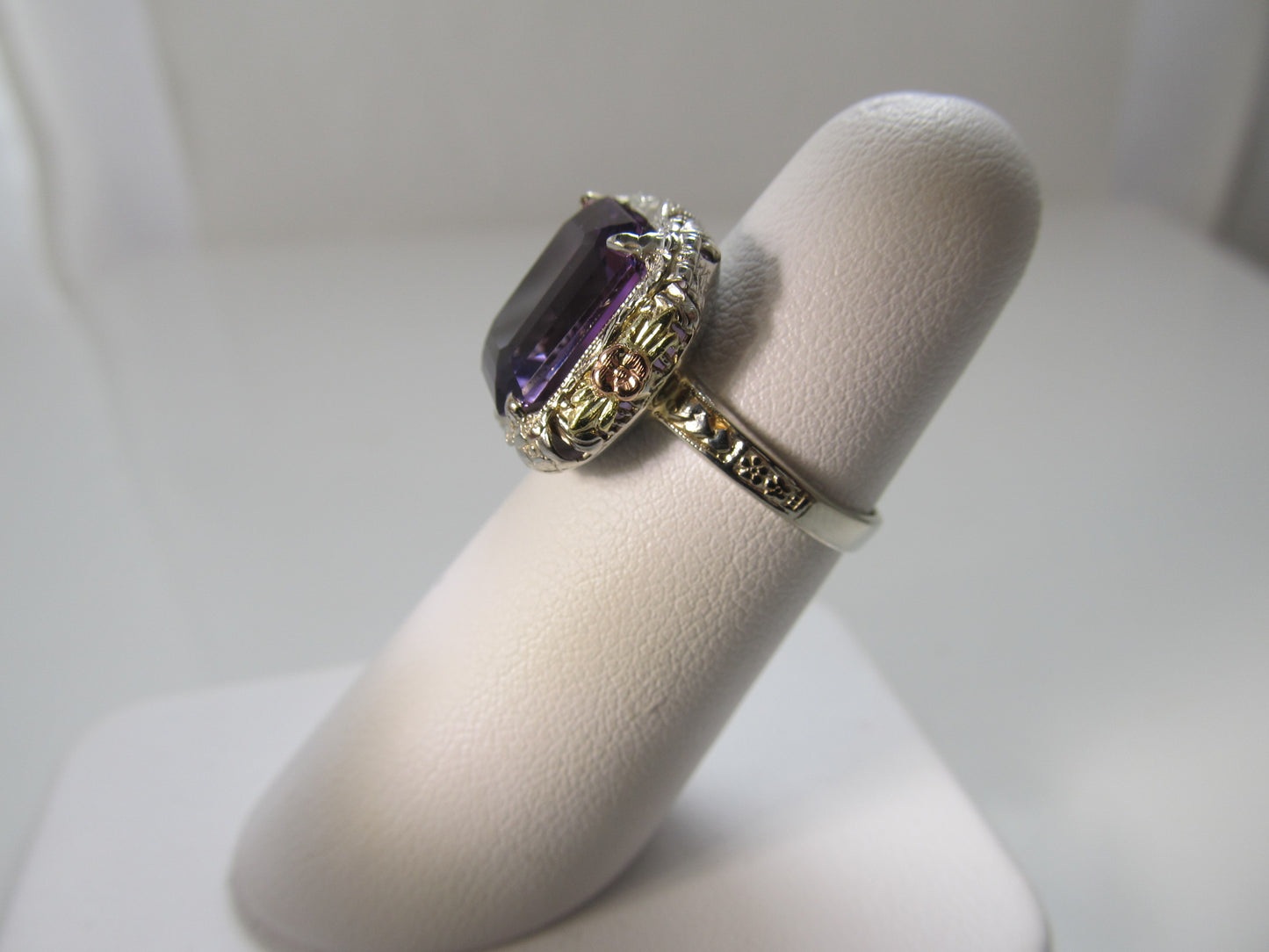 Vintage amethyst ring, 14k white, rose and yellow gold filigree