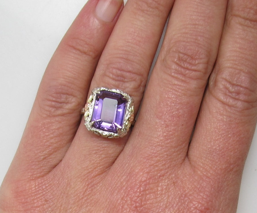 Vintage amethyst ring, 14k white, rose and yellow gold filigree
