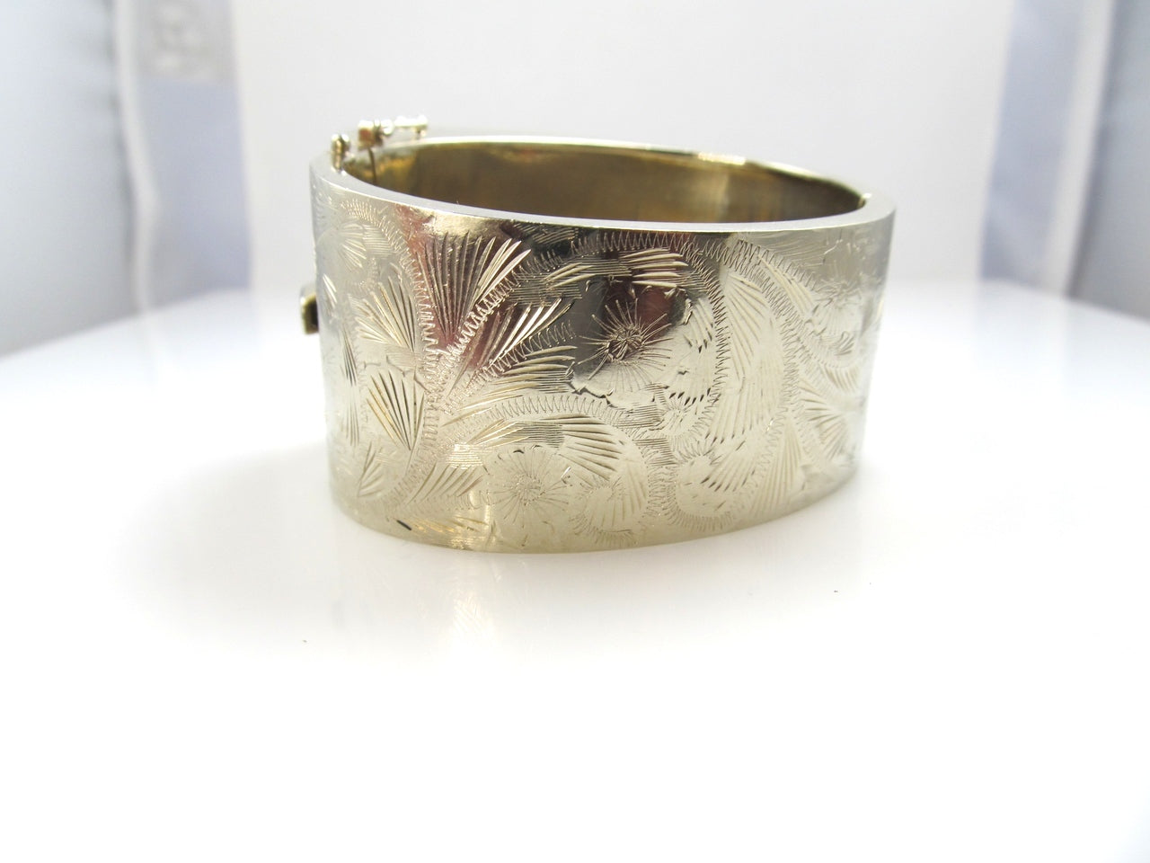 Wide Hand Engraved 14k Gold Bangle Bracelet