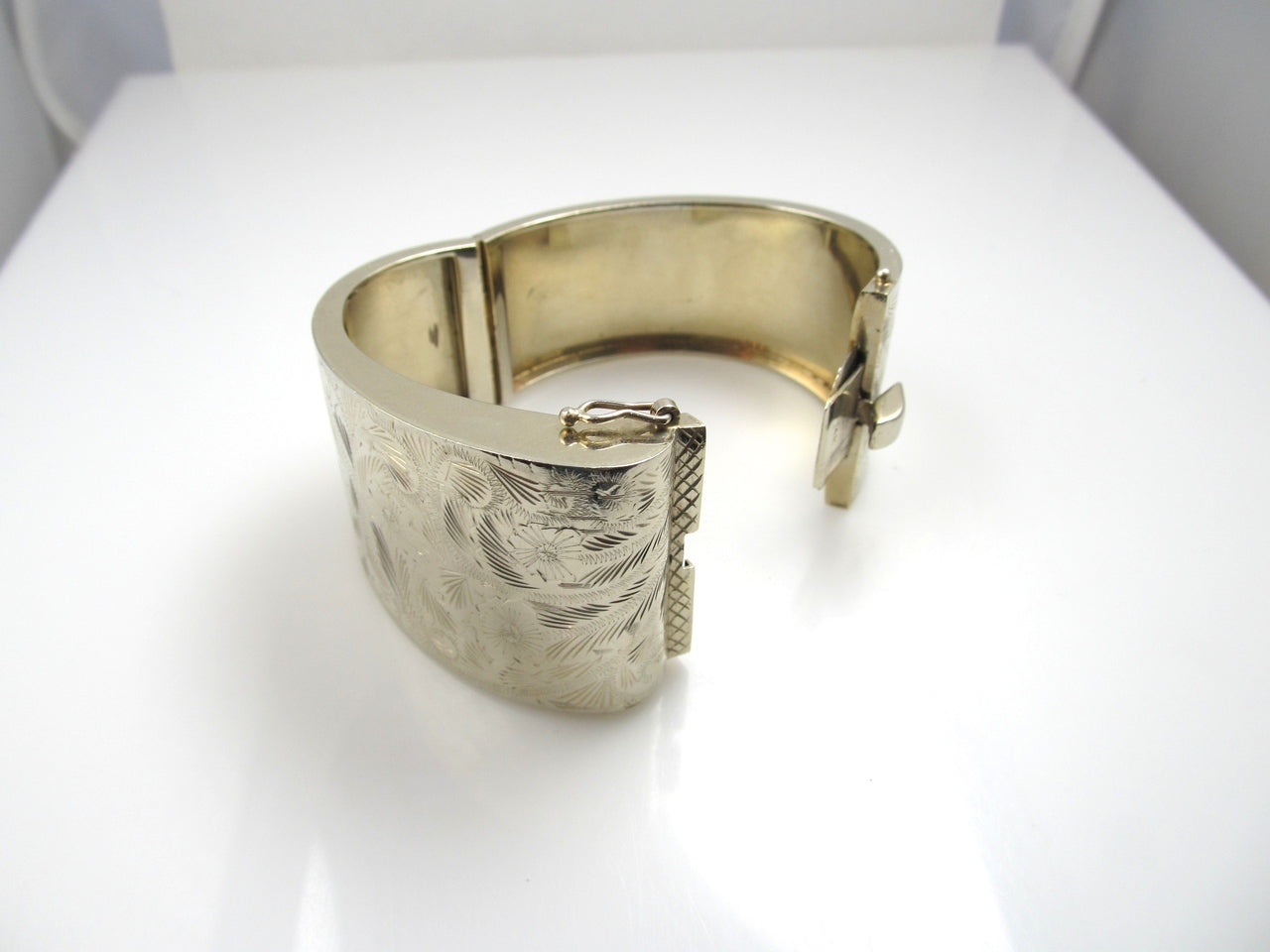 Wide Hand Engraved 14k Gold Bangle Bracelet