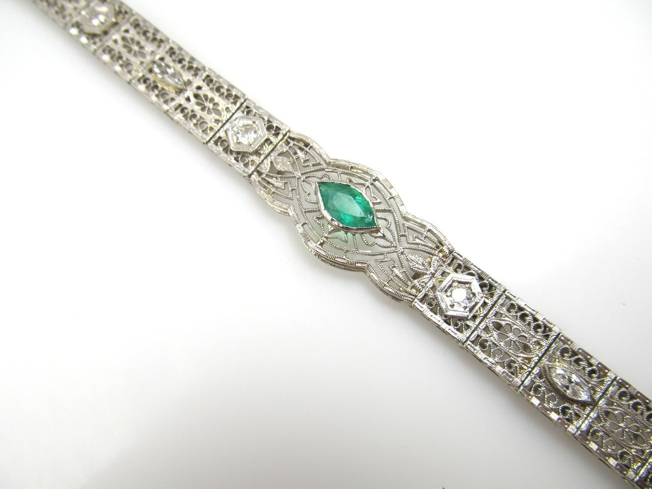 Platinum And 14k Filigree Bracelet With A .80ct Emerald And .70cts In Diamonds, Circa 1920