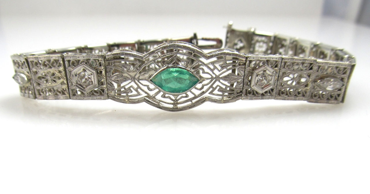 Platinum And 14k Filigree Bracelet With A .80ct Emerald And .70cts In Diamonds, Circa 1920