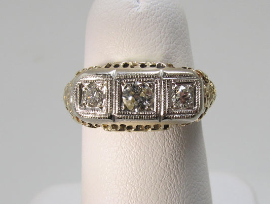 Vintage yellow gold filigree 3 diamond ring