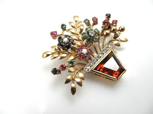 14k Rose Gold Flower Basket Pin With A Citrine, Diamonds, Emeralds, Rubies And Sapphires, Circa 1940