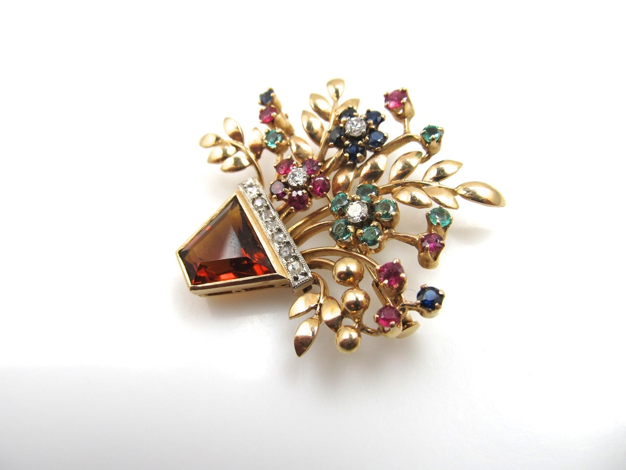 14k Rose Gold Flower Basket Pin With A Citrine, Diamonds, Emeralds, Rubies And Sapphires, Circa 1940