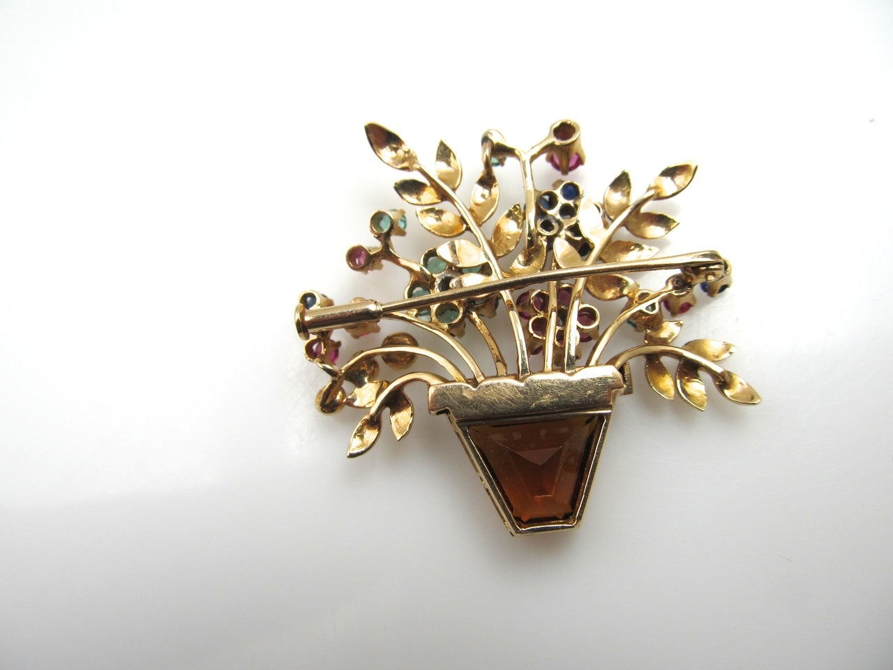 14k Rose Gold Flower Basket Pin With A Citrine, Diamonds, Emeralds, Rubies And Sapphires, Circa 1940