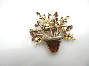 14k Rose Gold Flower Basket Pin With A Citrine, Diamonds, Emeralds, Rubies And Sapphires, Circa 1940