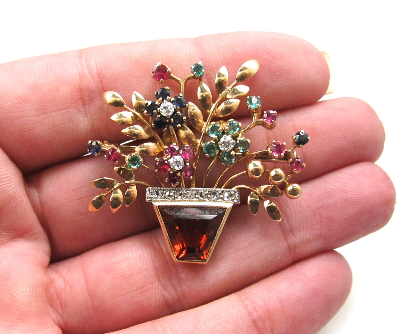 14k Rose Gold Flower Basket Pin With A Citrine, Diamonds, Emeralds, Rubies And Sapphires, Circa 1940