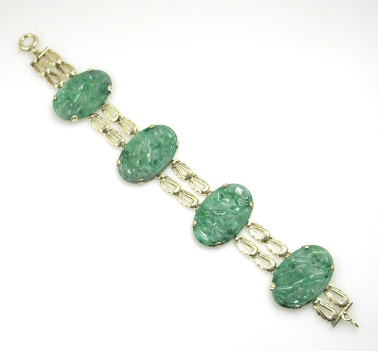 Vintage 14k Yellow Gold Bracelet With Carved Jade, Circa 1920