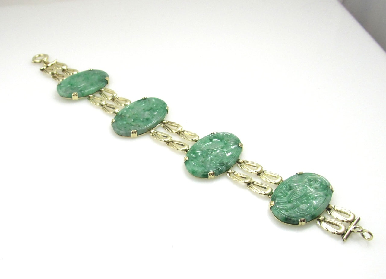 Vintage 14k Yellow Gold Bracelet With Carved Jade, Circa 1920