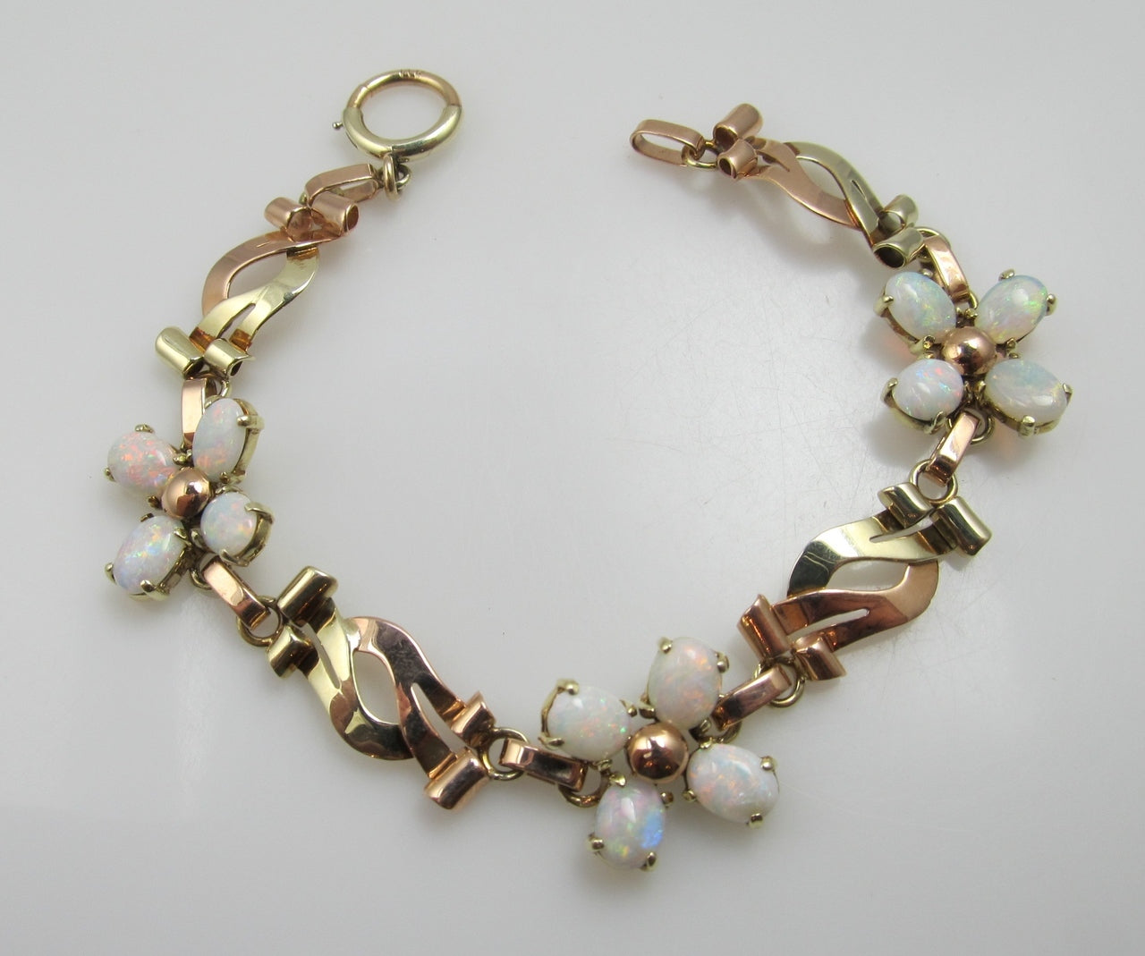 Vintage Retro 14k Rose And Yellow Gold Bracelet With Opals, Circa 1940