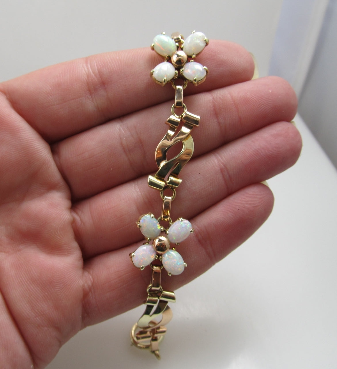 Vintage Retro 14k Rose And Yellow Gold Bracelet With Opals, Circa 1940