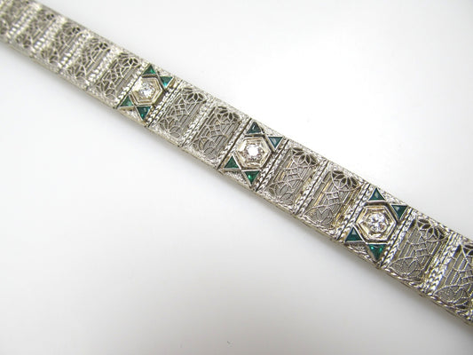 Platinum 14k Gold Filigree Bracelet With Emeralds And .30cts In Diamonds, Circa 1920