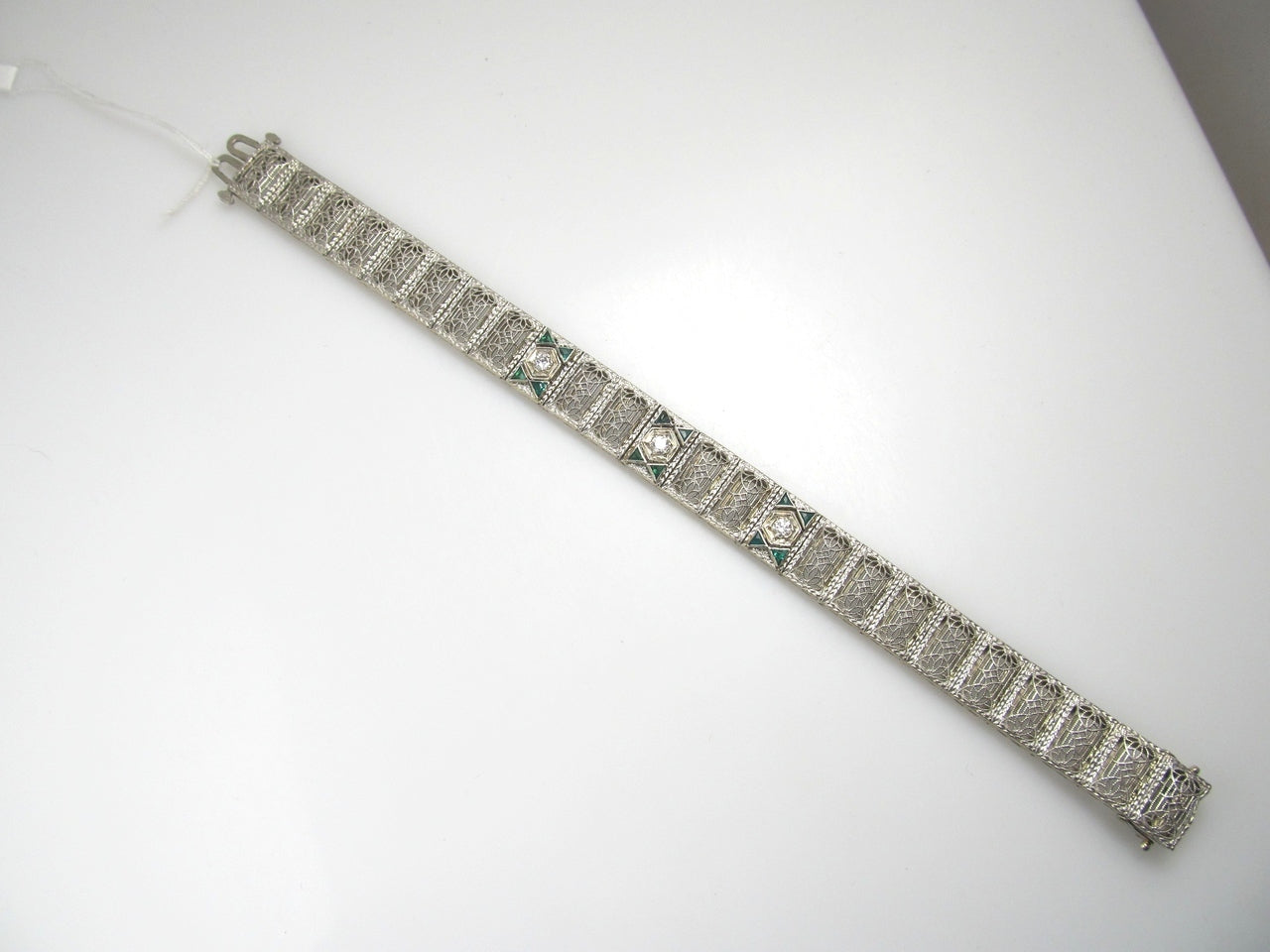 Platinum 14k Gold Filigree Bracelet With Emeralds And .30cts In Diamonds, Circa 1920