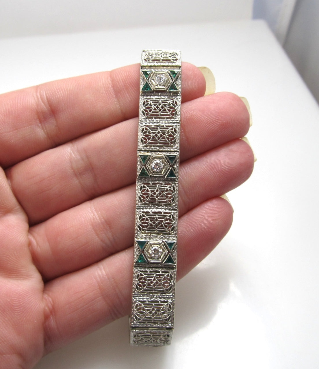 Platinum 14k Gold Filigree Bracelet With Emeralds And .30cts In Diamonds, Circa 1920