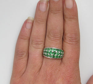 14k white gold ring with diamonds and tsavorite garnets