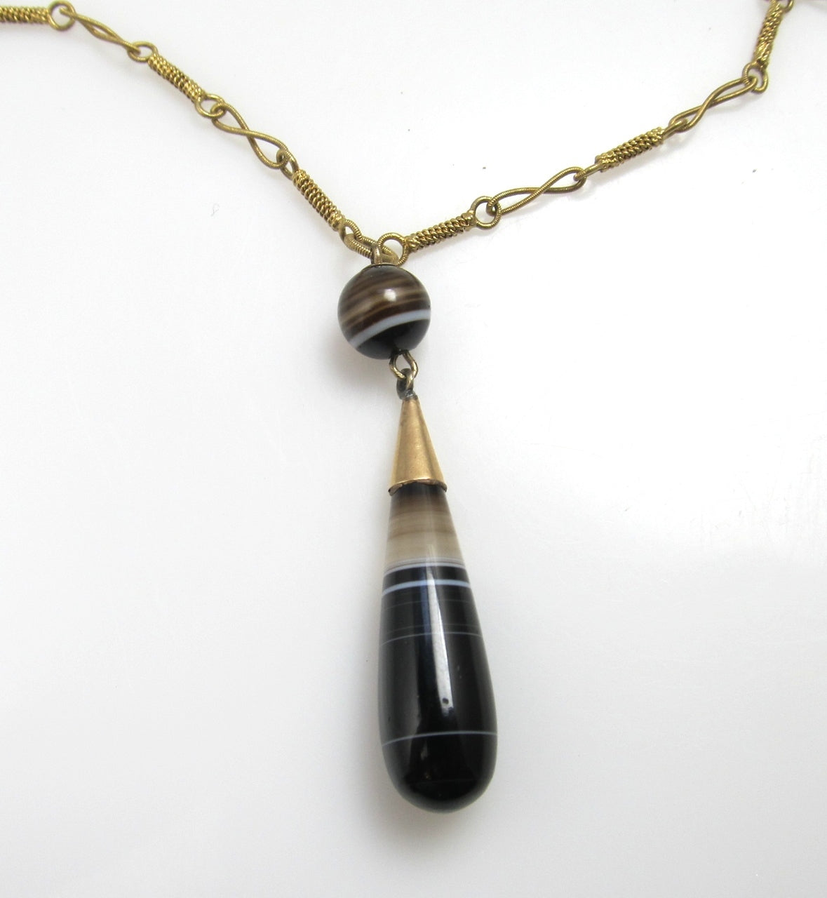 Victorian 14k Yellow Gold Necklace With Banded Agate, Circa 1890