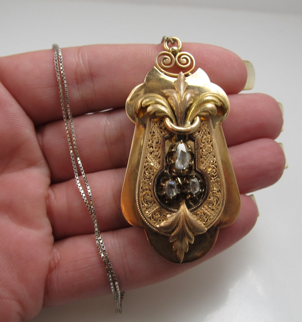 Antique 14k Rose Gold Necklace With .40cts In Rose Cut Diamonds, Circa 1870