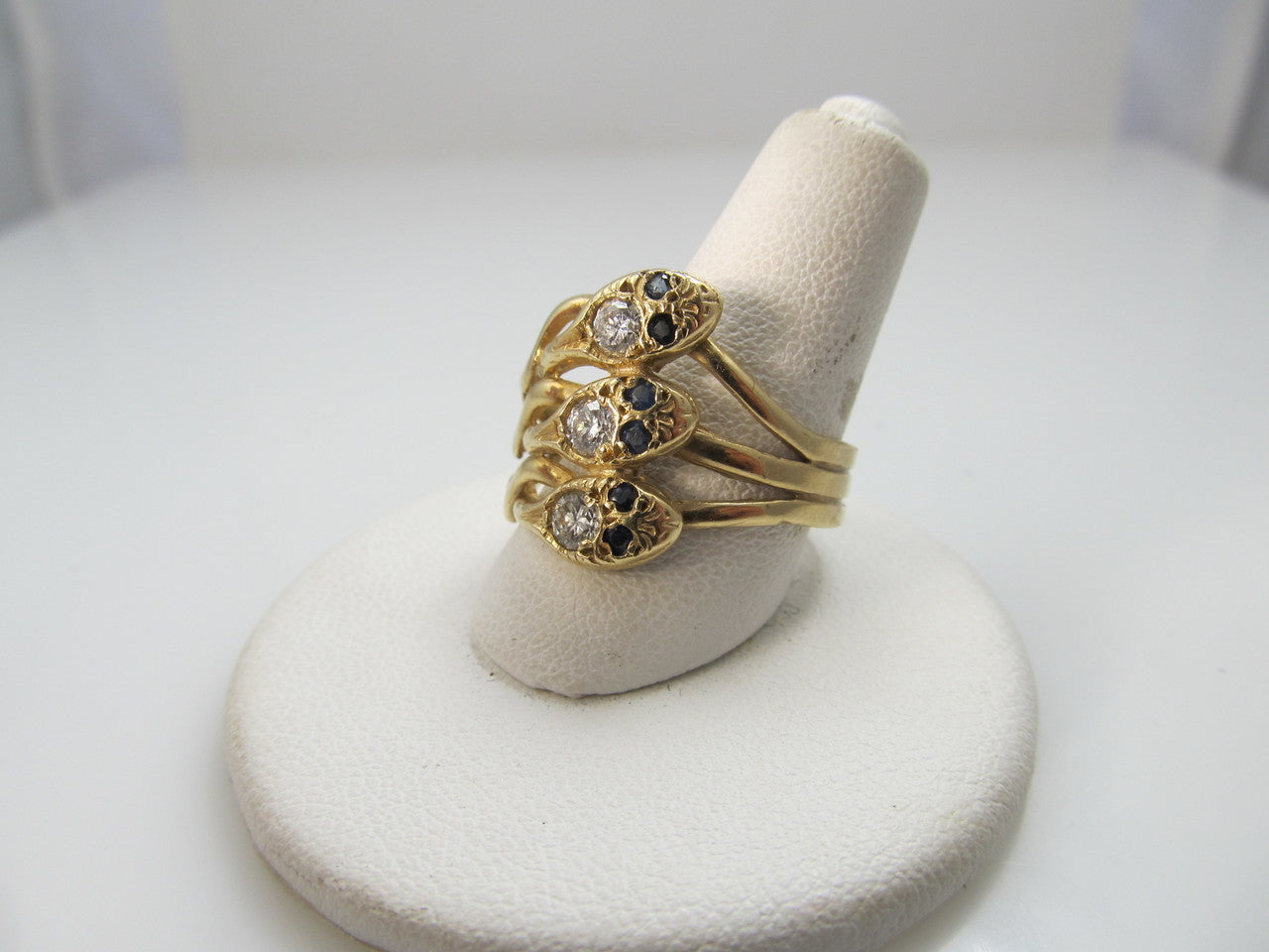 14k Yellow Gold Triple Snake Ring With Sapphires And .45cts In Diamonds