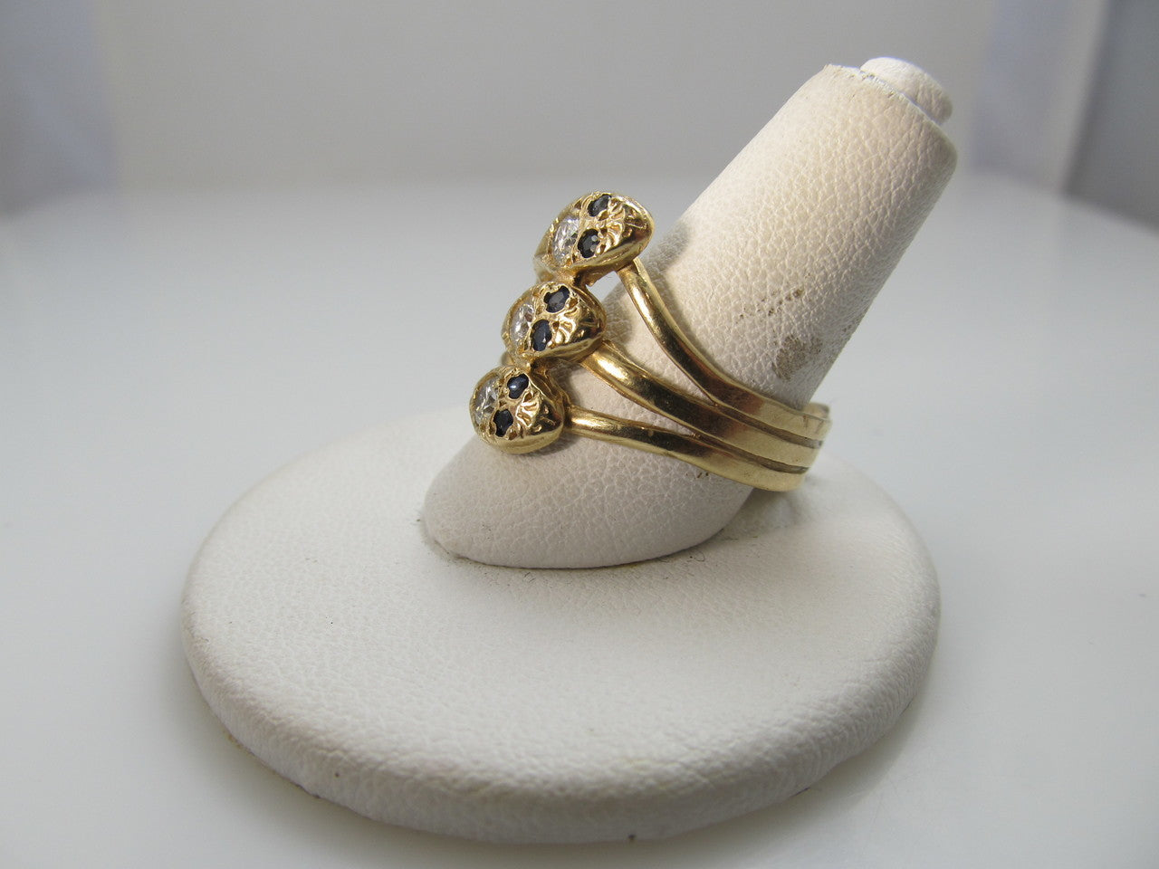 14k Yellow Gold Triple Snake Ring With Sapphires And .45cts In Diamonds